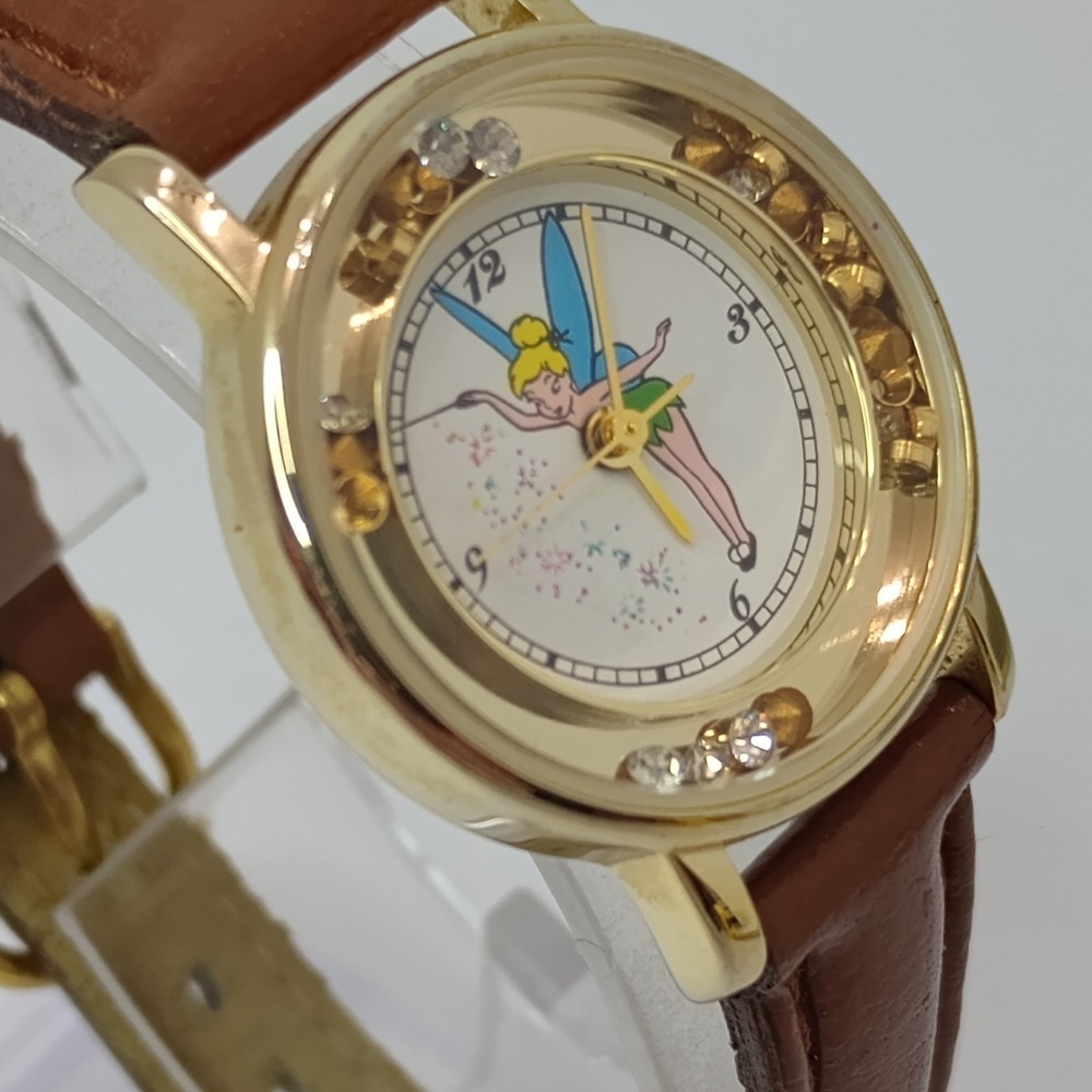 Disney Tinker Bell Floating Rhinestones Gold Tone Quartz Time Works New Battery - Picture 4 of 11